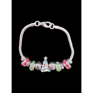 Silver Tone Red Green Blue Crystal Christmas Tree Slide Charm Bracelet 7.75 inch